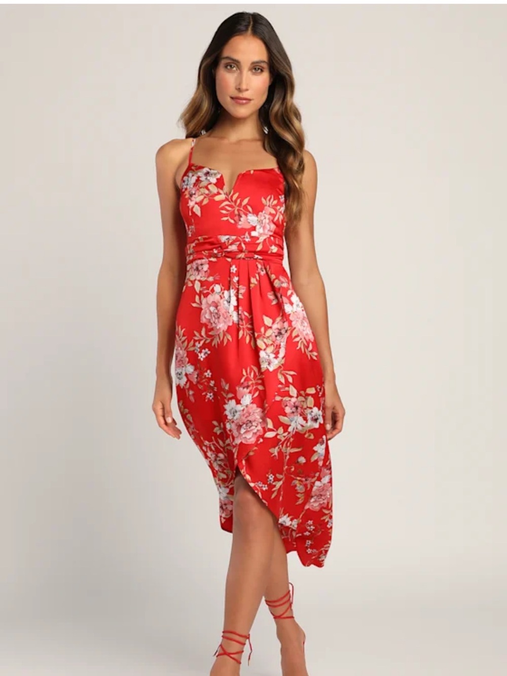 Lulus Red Floral My Favorite Day Tulip Midi Dress NWT XL